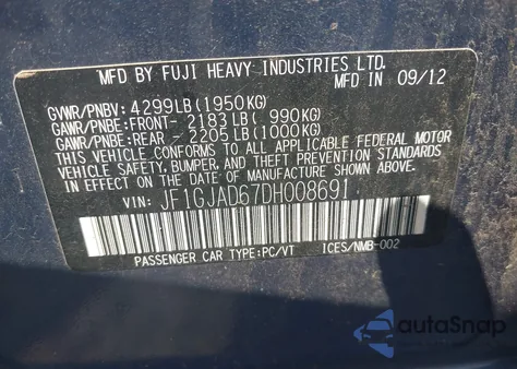 2013 Subaru Impreza Premium из США, поврежденный, VIN JF1GJAD67DH008691